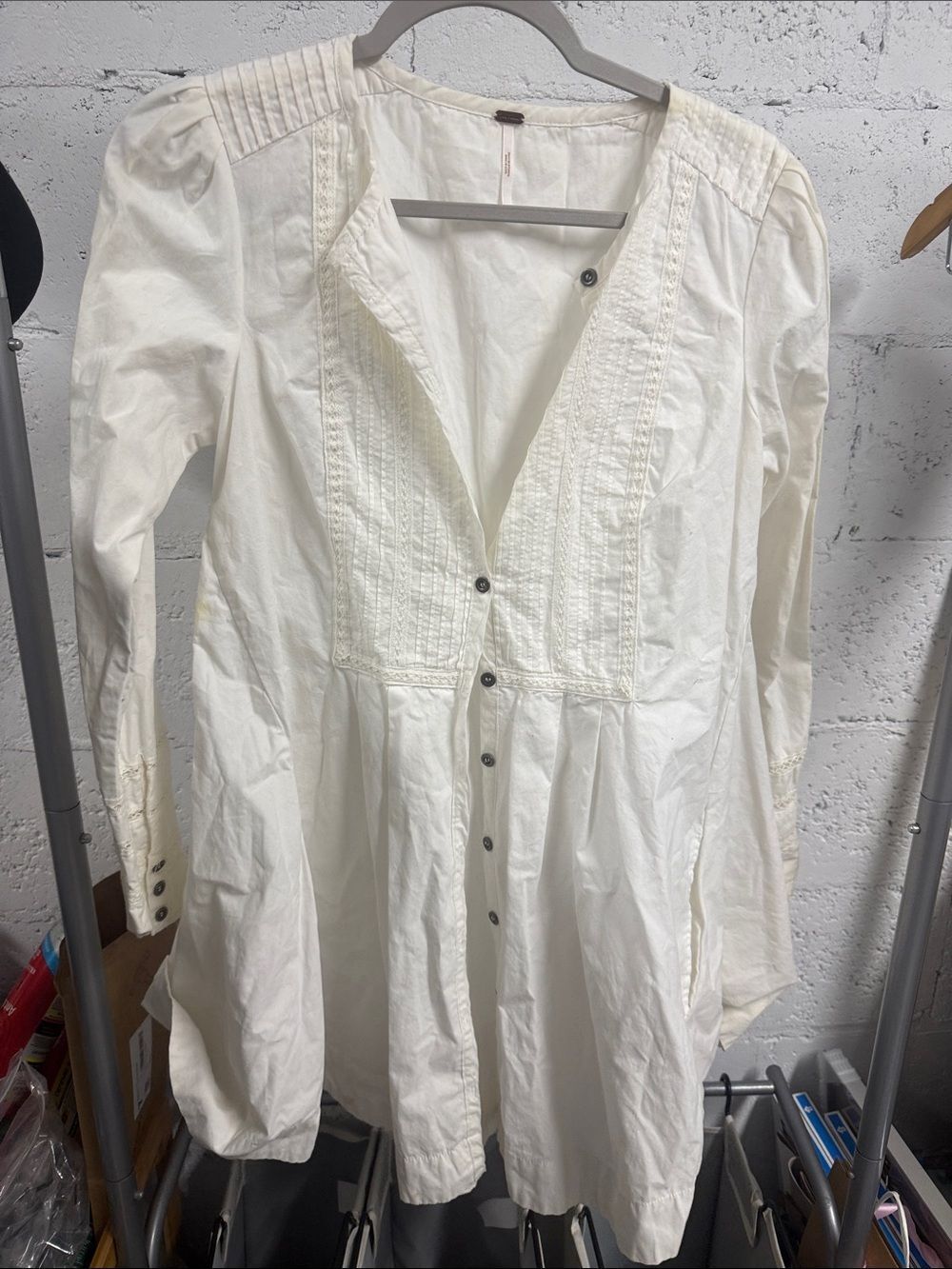 White Button-Front Tunic with Pintuck Details - FREE PEOPLE - Size Small - NWOT